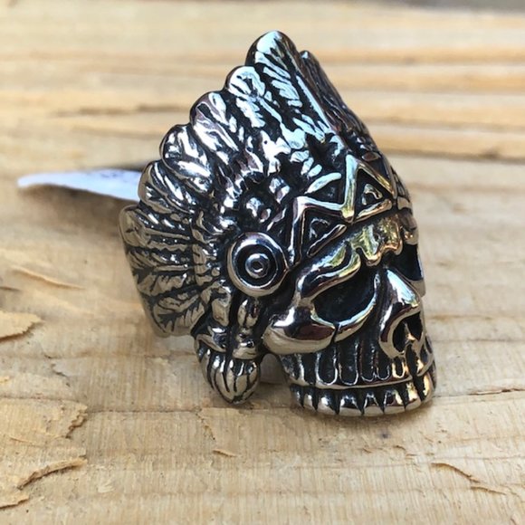 Stainless Steel Indian Chief Skull Ring Heavy Weight Biker - Picture 2 of 3